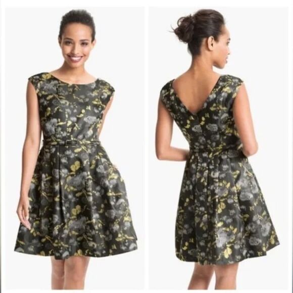 Anthropologie | Eliza J | Metallic Black and Gold Jacquard Fit & Flare Dress - Picture 1 of 8